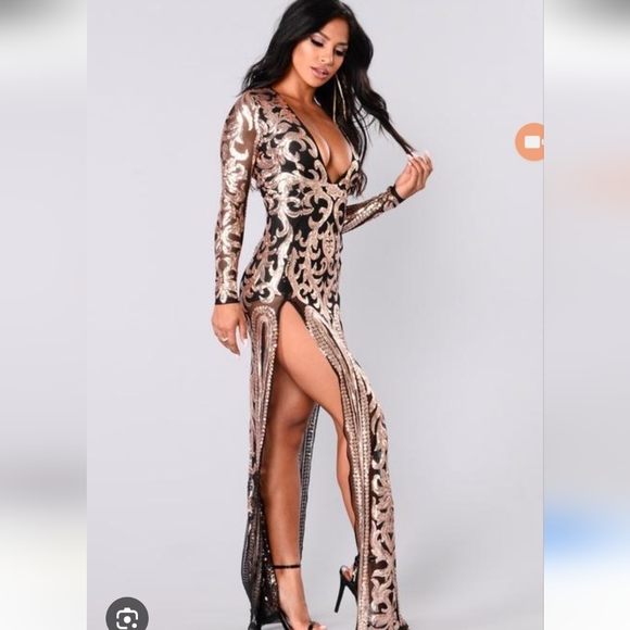 Fashion Nova Elegant Black and Gold Long Sleeve Dress - Picture 11 of 14